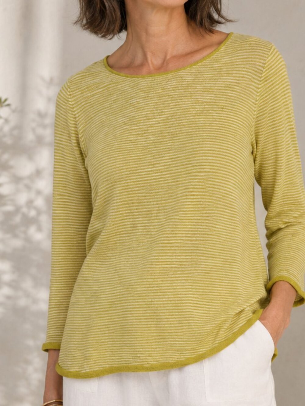 Eileen Fisher Organic Linen Cotton Bateau Sweater Petite Large Yellow Striped